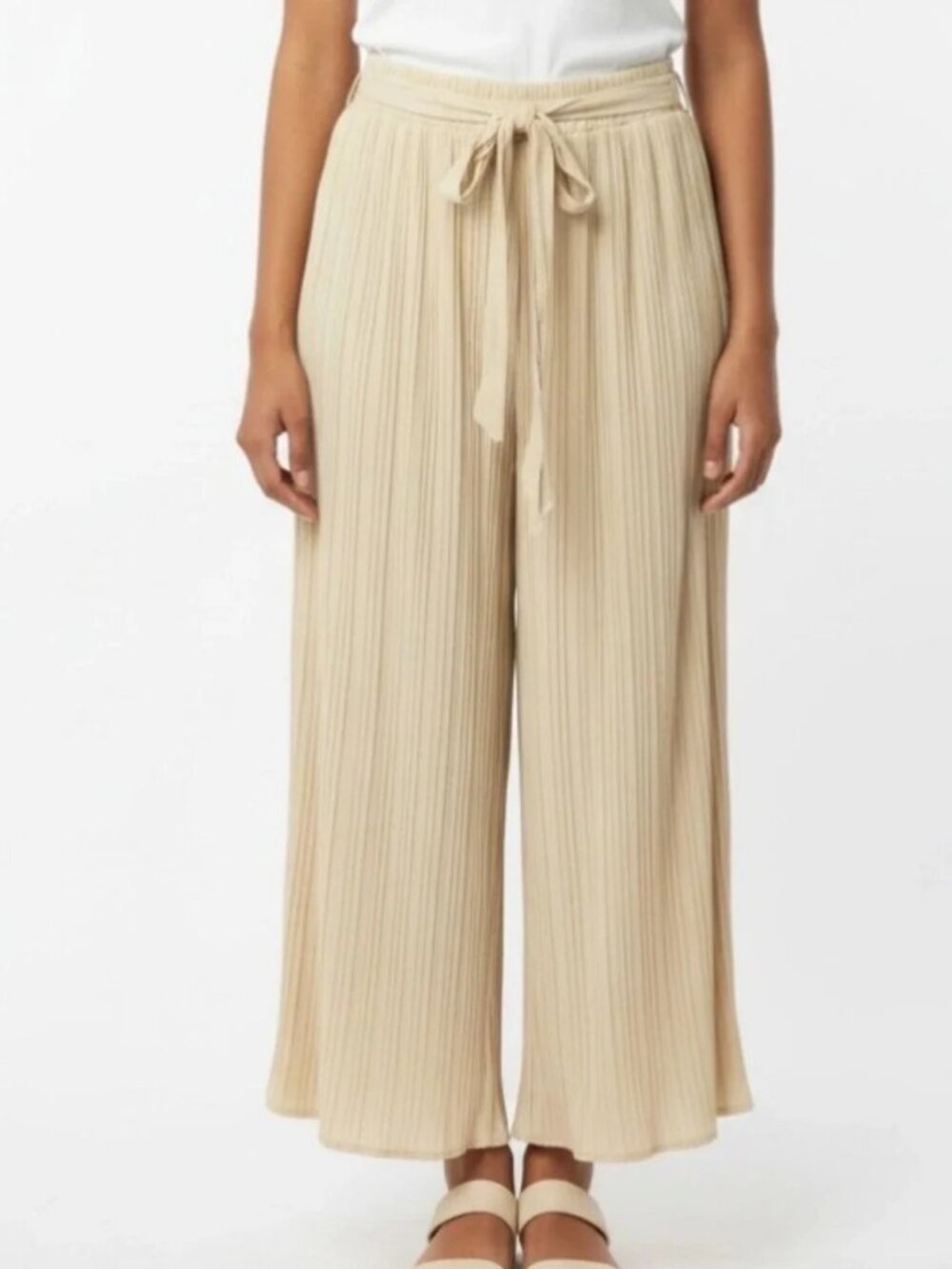 Zara Pleated Wide Leg Cropped Palazzo Pants Cream Culottes with Tie Waist Medium